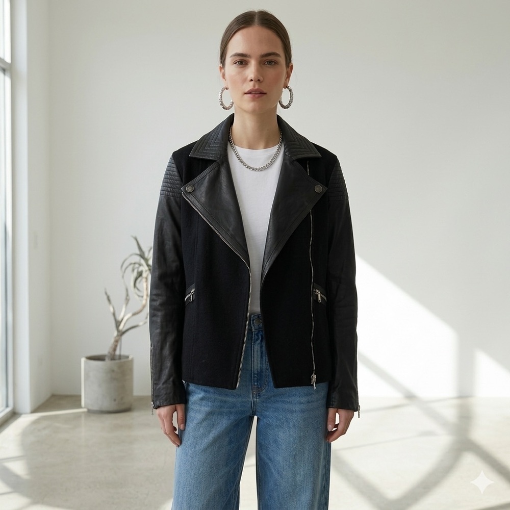 Marc Jacobs black leather and wool biker moto jacket - Large